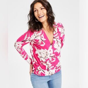 INC International Concepts  Women's Printed Shoulder-Zip Surplice-Neck Top Sz PL